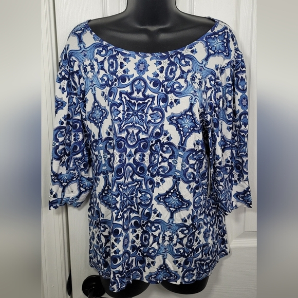 Sunny Leigh Women's Blue Patterned Top Puff Sleeves - Picture 5 of 8
